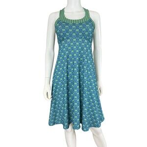 prAna Cali Hiking Dress Size S Racerback Tank Fit Flare Mosaic Print Green Blue